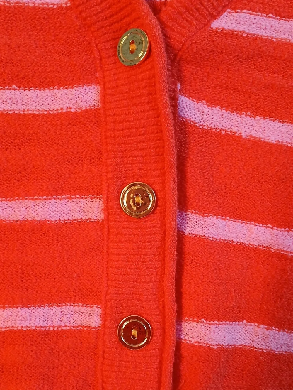 LOFT Coral & Light Pink Striped V-Neck Button Light Sweater Knit Pullover Small